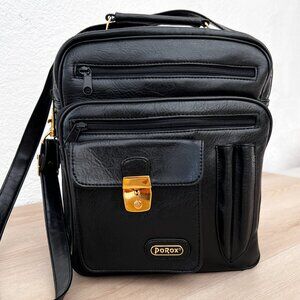 Vintage 90s Porox Genuine Leather Gold Hardware Crossbody Travel Bag Lock & Key